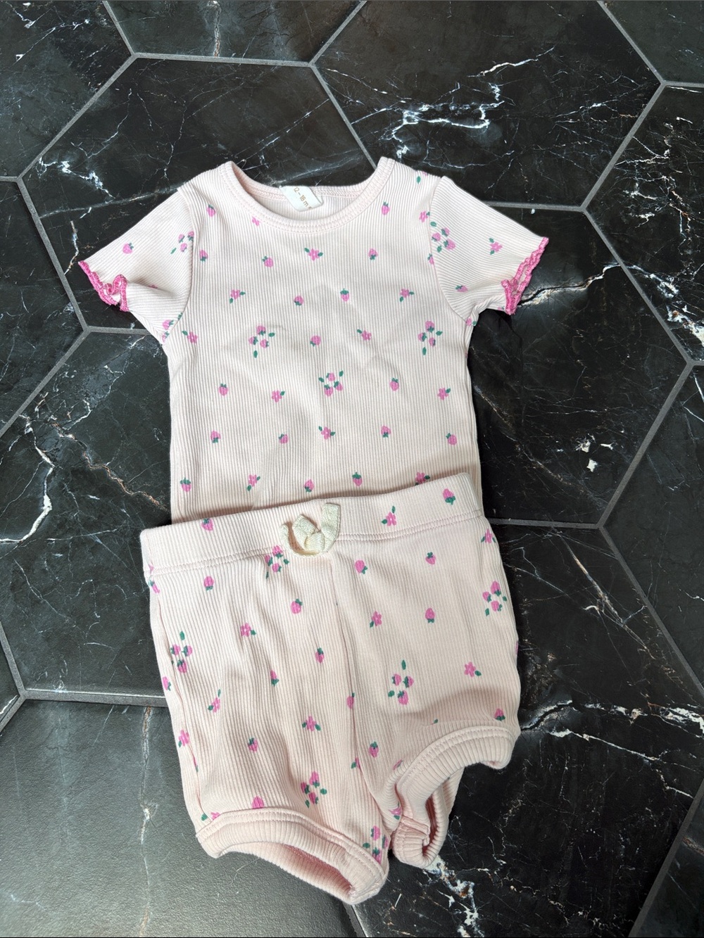 Kids Matching Set - Pink Floral Ribbed Top & Shorts
